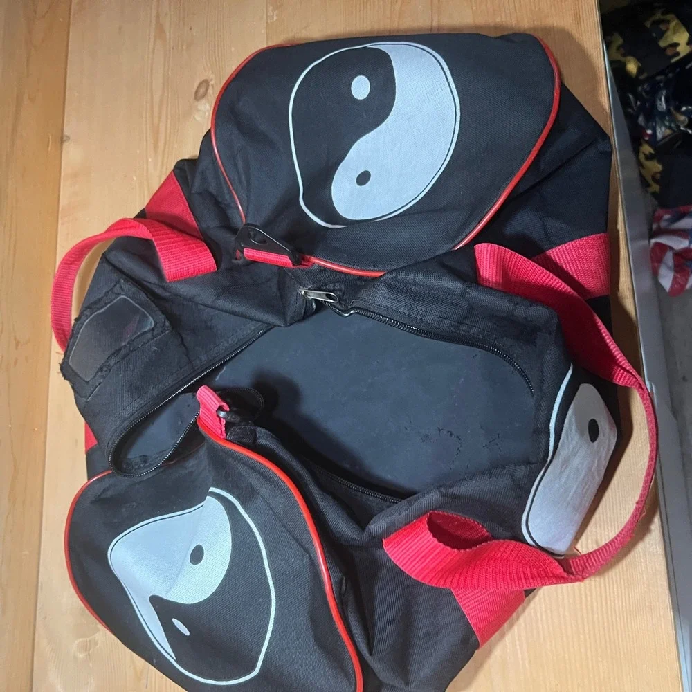 VTG 90s Yin Yang‎ Duffel Bag Black Red Grunge Gym Carry-On Graphic Canvas Travel